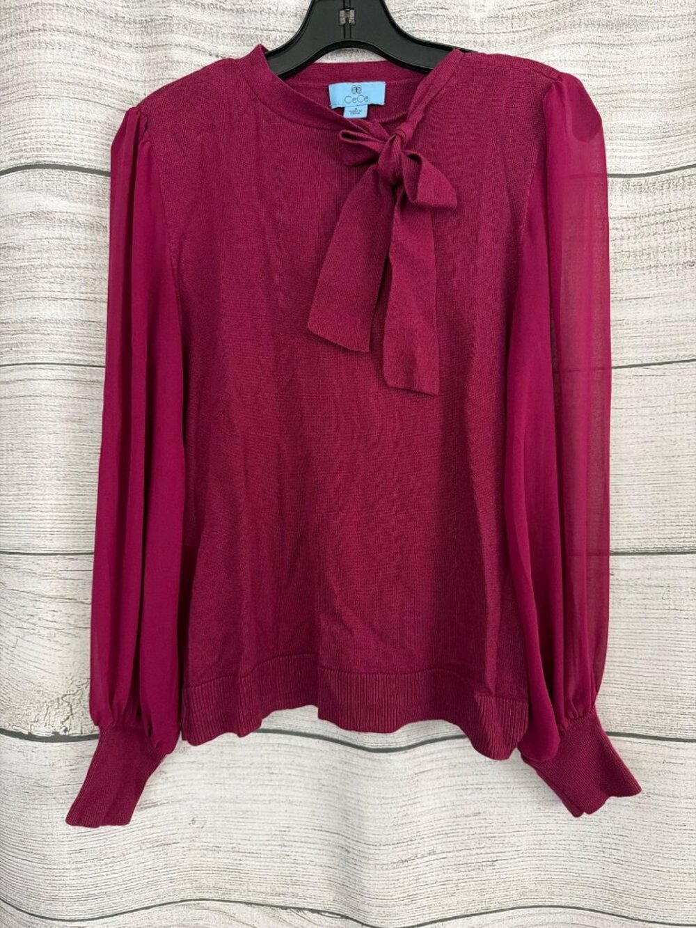 CeCe Mixed Mediaa Sheer Sleeve Bow-Tie Sweater Blouse Size S